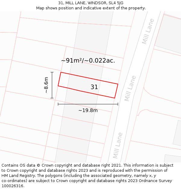 31, MILL LANE, WINDSOR, SL4 5JG: Plot and title map