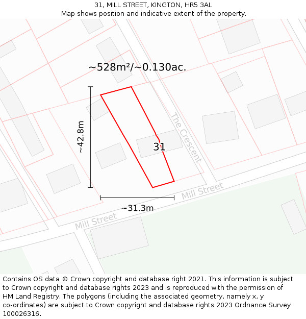 31, MILL STREET, KINGTON, HR5 3AL: Plot and title map