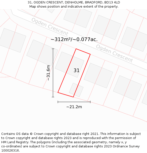 31, OGDEN CRESCENT, DENHOLME, BRADFORD, BD13 4LD: Plot and title map