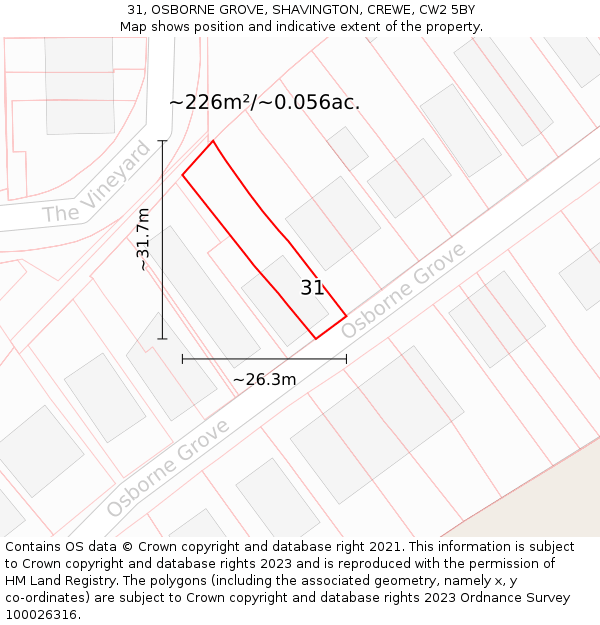 31, OSBORNE GROVE, SHAVINGTON, CREWE, CW2 5BY: Plot and title map
