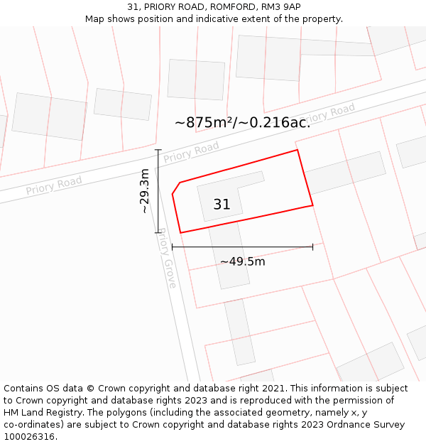 31, PRIORY ROAD, ROMFORD, RM3 9AP: Plot and title map
