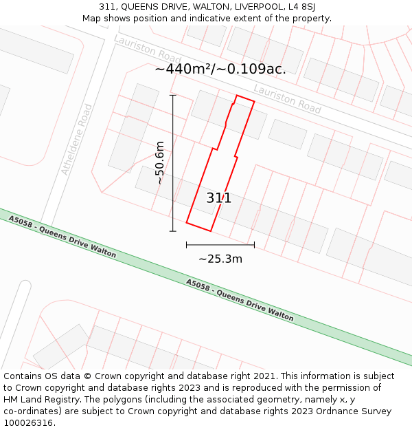 311, QUEENS DRIVE, WALTON, LIVERPOOL, L4 8SJ: Plot and title map