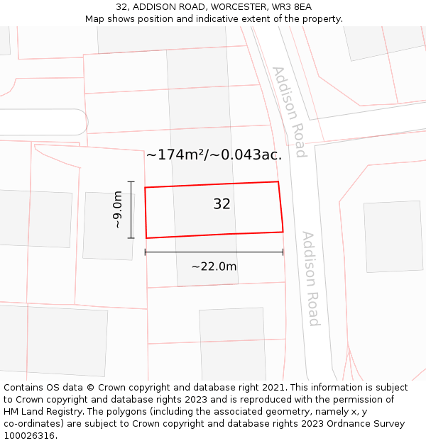32, ADDISON ROAD, WORCESTER, WR3 8EA: Plot and title map