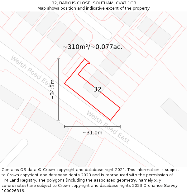 32, BARKUS CLOSE, SOUTHAM, CV47 1GB: Plot and title map