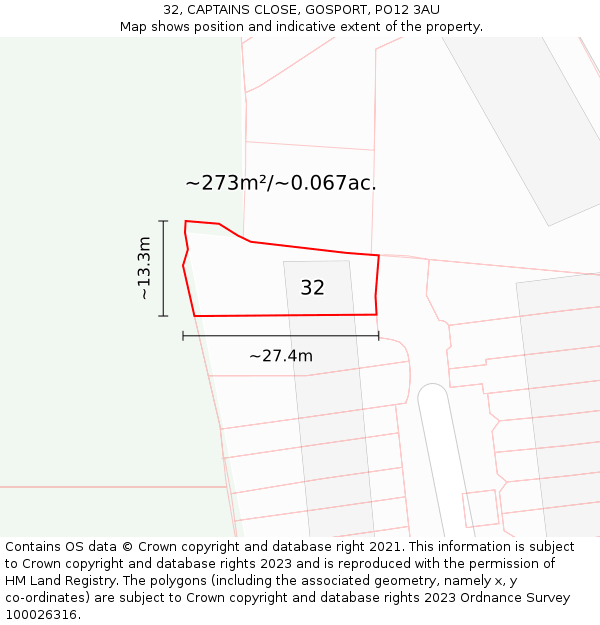 32, CAPTAINS CLOSE, GOSPORT, PO12 3AU: Plot and title map