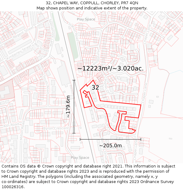 32, CHAPEL WAY, COPPULL, CHORLEY, PR7 4QN: Plot and title map