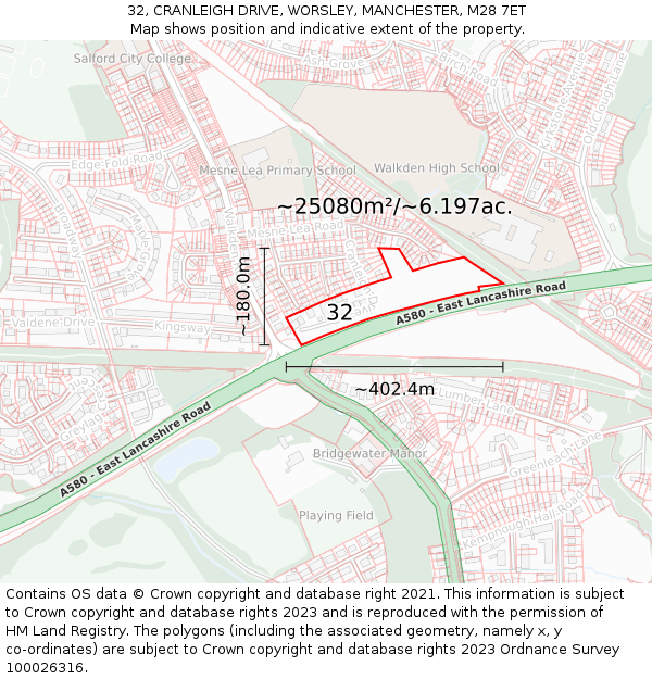 32, CRANLEIGH DRIVE, WORSLEY, MANCHESTER, M28 7ET: Plot and title map
