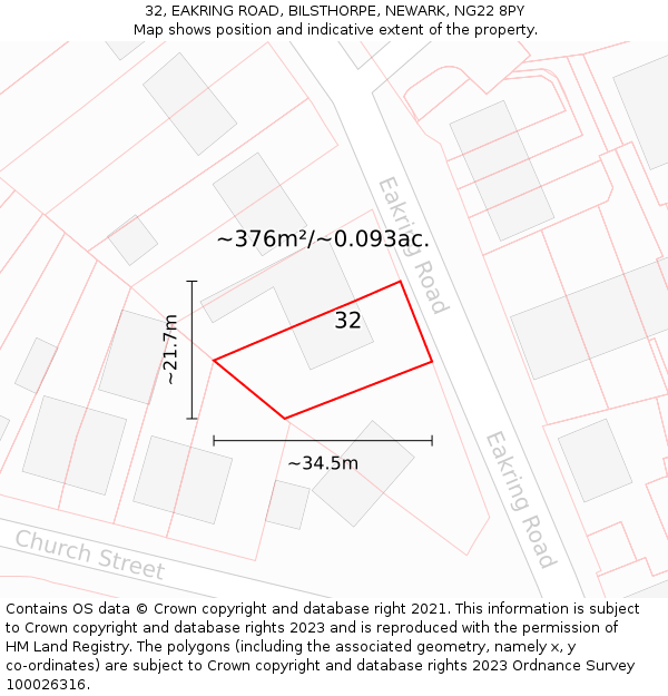 32, EAKRING ROAD, BILSTHORPE, NEWARK, NG22 8PY: Plot and title map