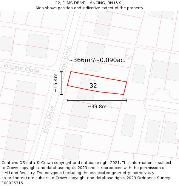 32, ELMS DRIVE, LANCING, BN15 9LJ: Plot and title map
