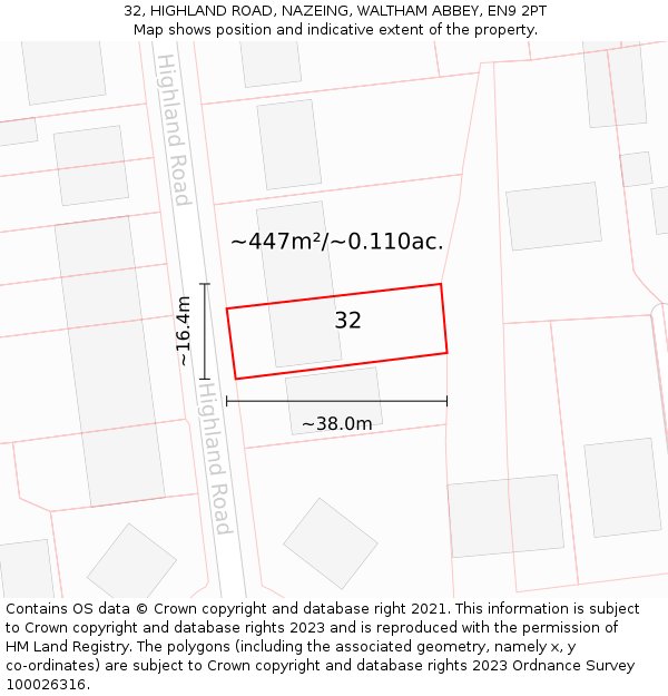 32, HIGHLAND ROAD, NAZEING, WALTHAM ABBEY, EN9 2PT: Plot and title map