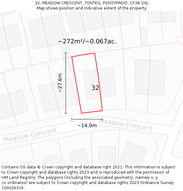 32, MEADOW CRESCENT, TONTEG, PONTYPRIDD, CF38 1NL: Plot and title map