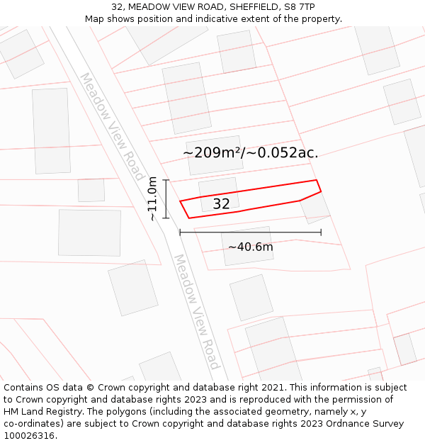 32, MEADOW VIEW ROAD, SHEFFIELD, S8 7TP: Plot and title map