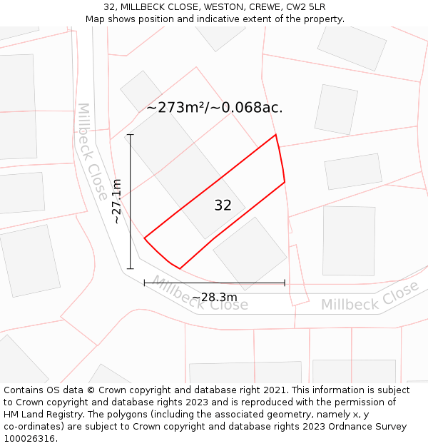 32, MILLBECK CLOSE, WESTON, CREWE, CW2 5LR: Plot and title map