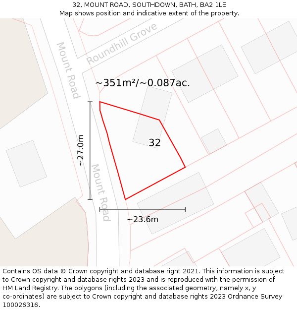 32, MOUNT ROAD, SOUTHDOWN, BATH, BA2 1LE: Plot and title map
