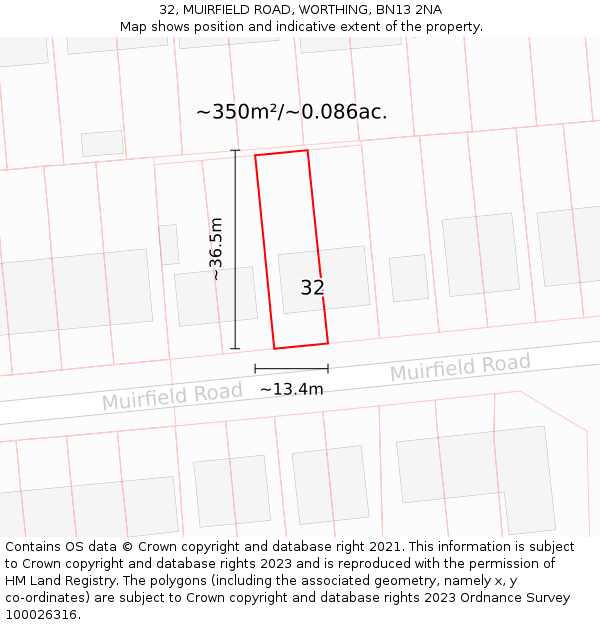 32, MUIRFIELD ROAD, WORTHING, BN13 2NA: Plot and title map