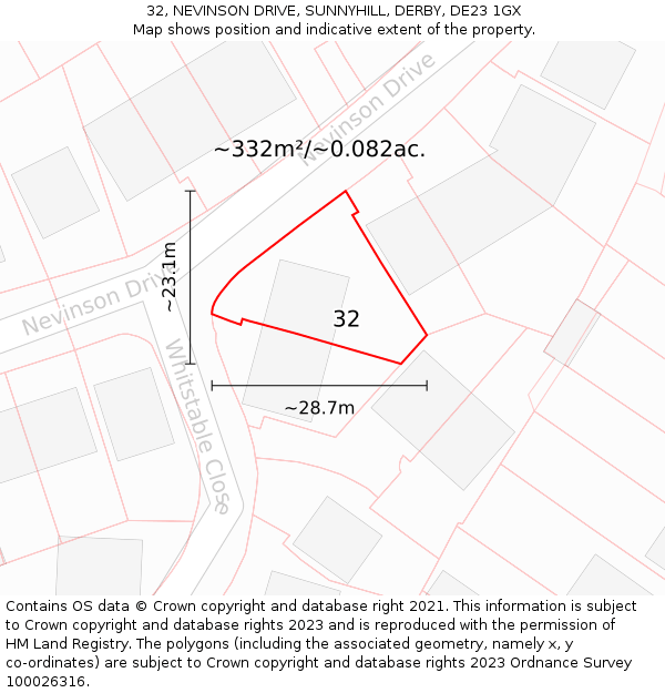 32, NEVINSON DRIVE, SUNNYHILL, DERBY, DE23 1GX: Plot and title map