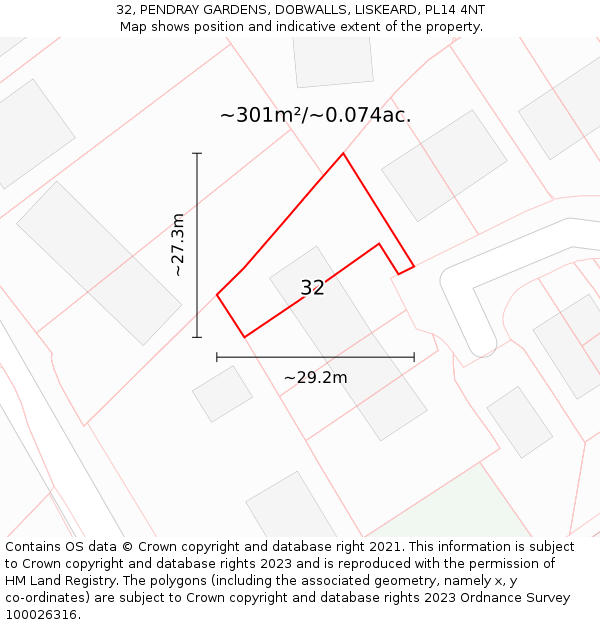 32, PENDRAY GARDENS, DOBWALLS, LISKEARD, PL14 4NT: Plot and title map