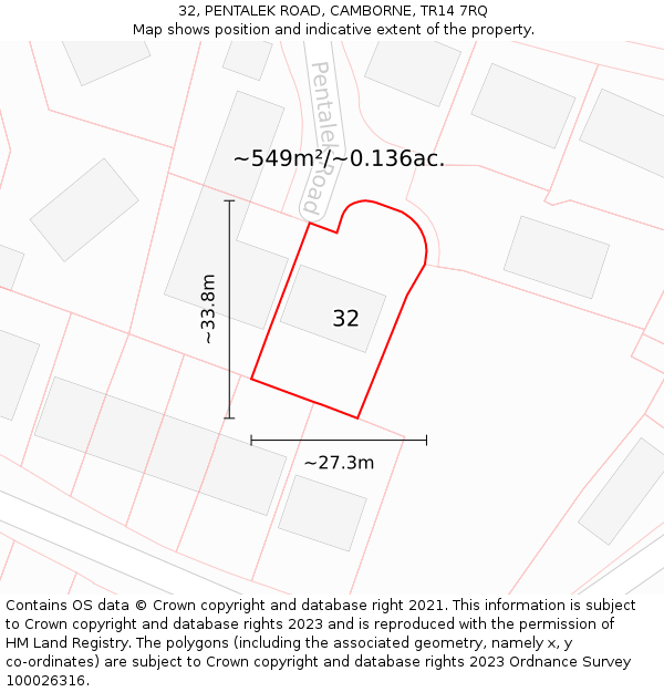 32, PENTALEK ROAD, CAMBORNE, TR14 7RQ: Plot and title map