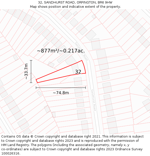 32, SANDHURST ROAD, ORPINGTON, BR6 9HW: Plot and title map