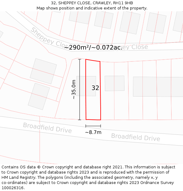 32, SHEPPEY CLOSE, CRAWLEY, RH11 9HB: Plot and title map