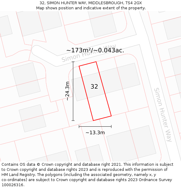 32, SIMON HUNTER WAY, MIDDLESBROUGH, TS4 2GX: Plot and title map