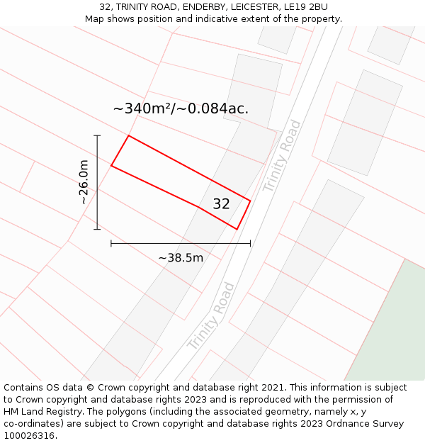 32, TRINITY ROAD, ENDERBY, LEICESTER, LE19 2BU: Plot and title map