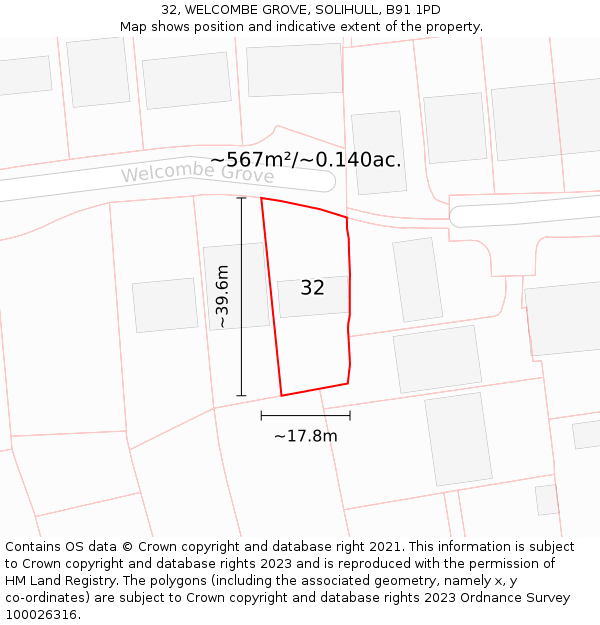32, WELCOMBE GROVE, SOLIHULL, B91 1PD: Plot and title map
