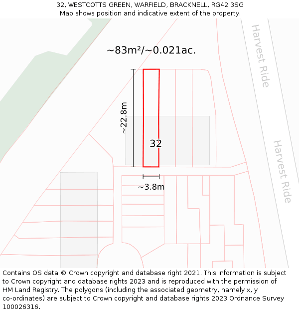 32, WESTCOTTS GREEN, WARFIELD, BRACKNELL, RG42 3SG: Plot and title map