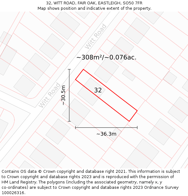 32, WITT ROAD, FAIR OAK, EASTLEIGH, SO50 7FR: Plot and title map