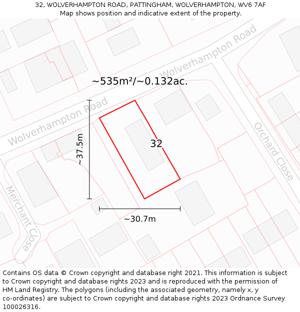 32, WOLVERHAMPTON ROAD, PATTINGHAM, WOLVERHAMPTON, WV6 7AF: Plot and title map