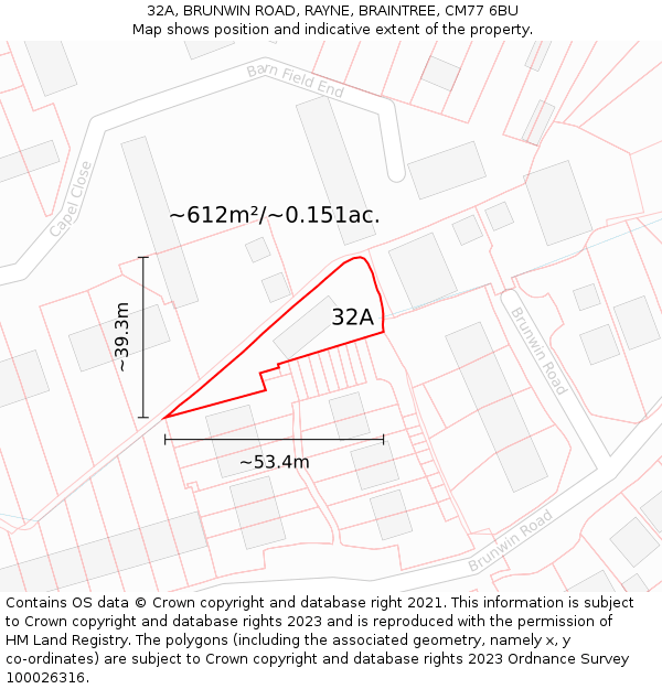 32A, BRUNWIN ROAD, RAYNE, BRAINTREE, CM77 6BU: Plot and title map
