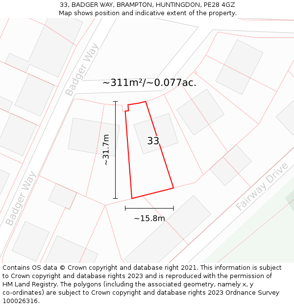 33, BADGER WAY, BRAMPTON, HUNTINGDON, PE28 4GZ: Plot and title map
