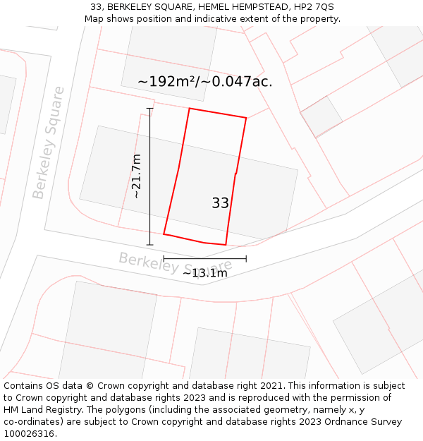 33, BERKELEY SQUARE, HEMEL HEMPSTEAD, HP2 7QS: Plot and title map