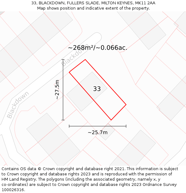 33, BLACKDOWN, FULLERS SLADE, MILTON KEYNES, MK11 2AA: Plot and title map