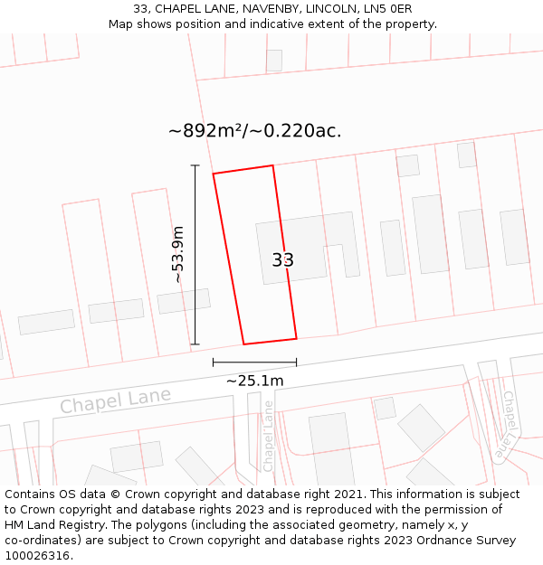 33, CHAPEL LANE, NAVENBY, LINCOLN, LN5 0ER: Plot and title map