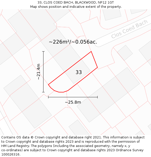 33, CLOS COED BACH, BLACKWOOD, NP12 1GT: Plot and title map
