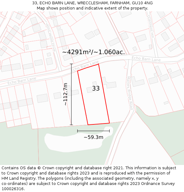 33, ECHO BARN LANE, WRECCLESHAM, FARNHAM, GU10 4NG: Plot and title map