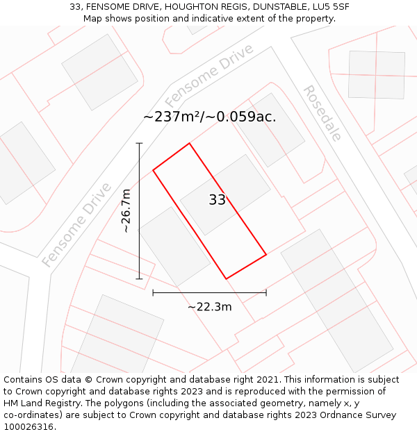 33, FENSOME DRIVE, HOUGHTON REGIS, DUNSTABLE, LU5 5SF: Plot and title map