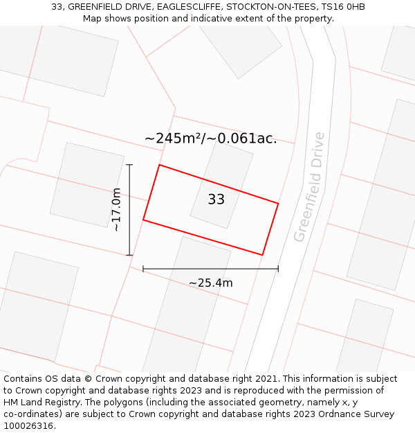 33, GREENFIELD DRIVE, EAGLESCLIFFE, STOCKTON-ON-TEES, TS16 0HB: Plot and title map