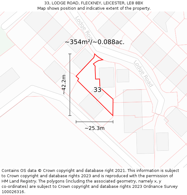 33, LODGE ROAD, FLECKNEY, LEICESTER, LE8 8BX: Plot and title map