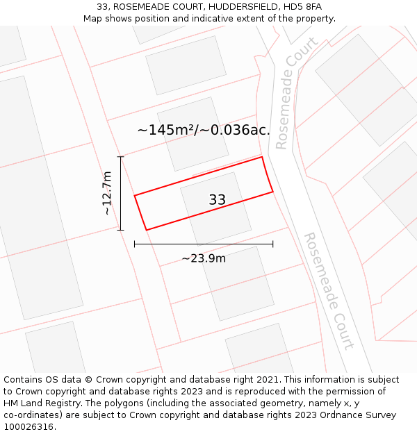 33, ROSEMEADE COURT, HUDDERSFIELD, HD5 8FA: Plot and title map