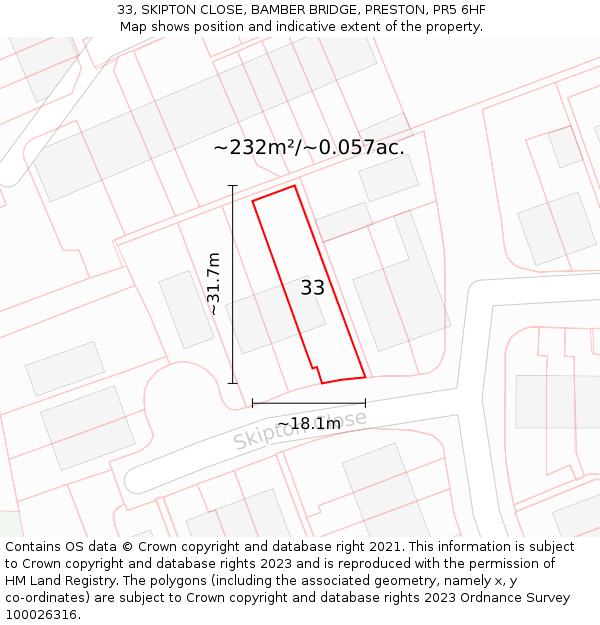 33, SKIPTON CLOSE, BAMBER BRIDGE, PRESTON, PR5 6HF: Plot and title map