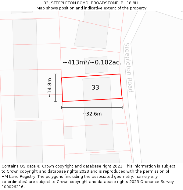 33, STEEPLETON ROAD, BROADSTONE, BH18 8LH: Plot and title map