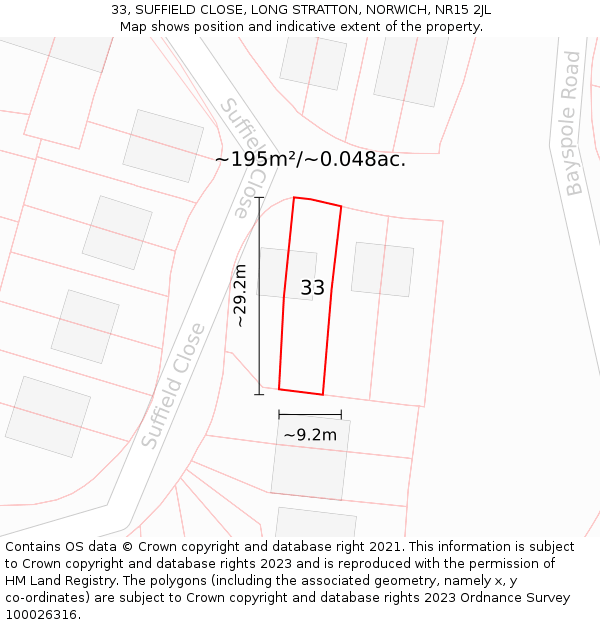 33, SUFFIELD CLOSE, LONG STRATTON, NORWICH, NR15 2JL: Plot and title map