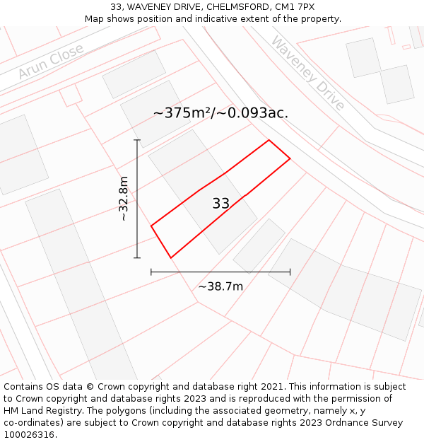 33, WAVENEY DRIVE, CHELMSFORD, CM1 7PX: Plot and title map