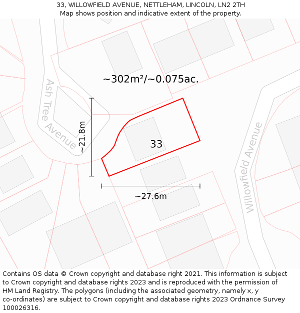 33, WILLOWFIELD AVENUE, NETTLEHAM, LINCOLN, LN2 2TH: Plot and title map