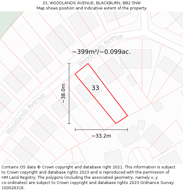 33, WOODLANDS AVENUE, BLACKBURN, BB2 5NW: Plot and title map