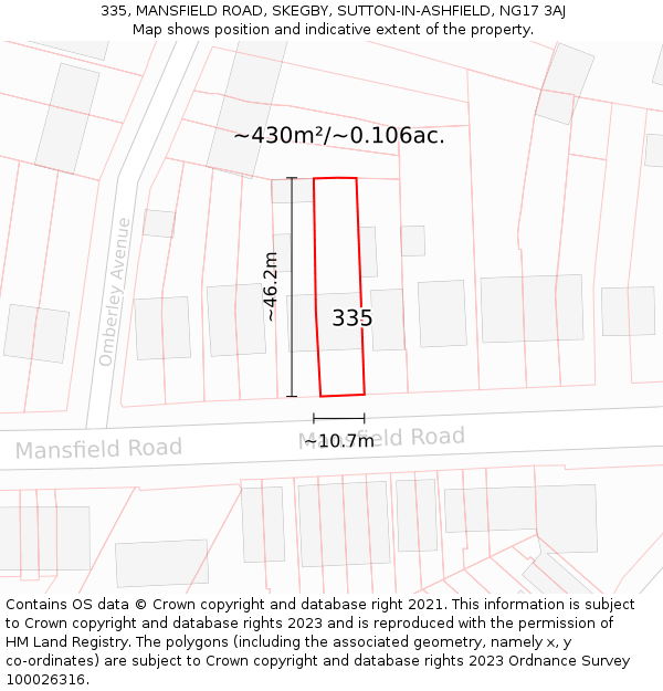 335, MANSFIELD ROAD, SKEGBY, SUTTON-IN-ASHFIELD, NG17 3AJ: Plot and title map