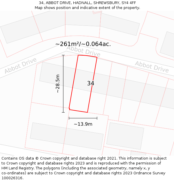 34, ABBOT DRIVE, HADNALL, SHREWSBURY, SY4 4FF: Plot and title map