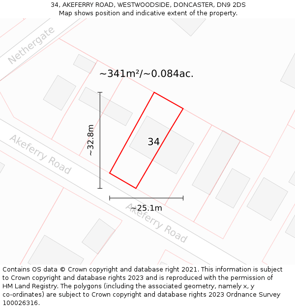 34, AKEFERRY ROAD, WESTWOODSIDE, DONCASTER, DN9 2DS: Plot and title map